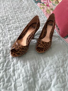 Sofft Leopard Print Patent Peep-Toe Pumps - Brown/Black platform heels